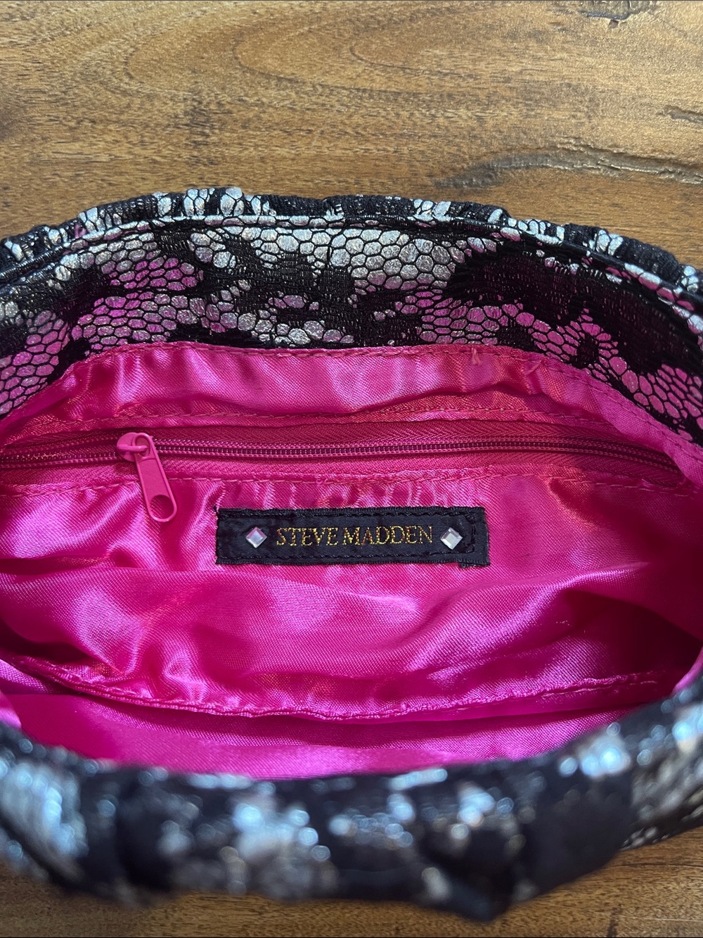 Steve Madden Black Lace Evening Clutch with Hot Pink Satin Interior